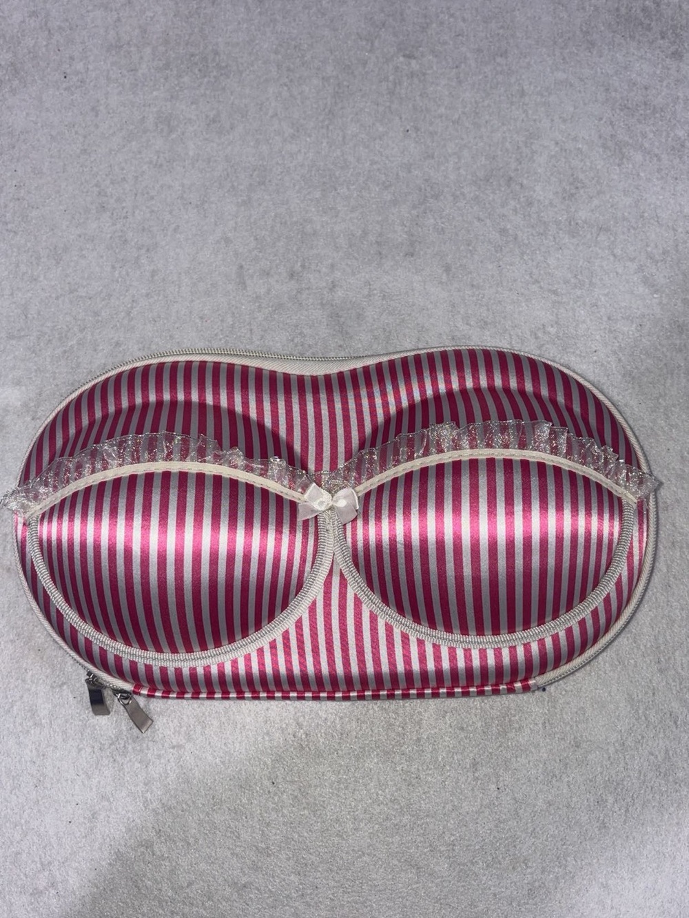 Striped Pink Bra Travel Case with Lace Trim